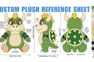 design a custom plush toy reference sheet and tech pack for production