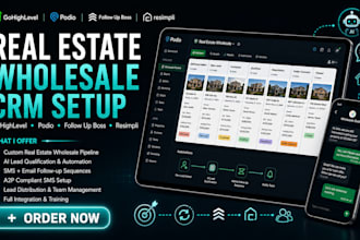 setup real estate wholesale CRM in gohighlevel, podio, follow up boss, resimpli