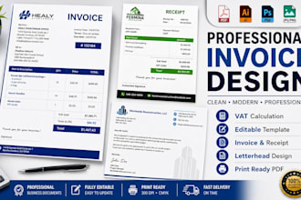 design professional invoices, receipts and letterheads with vat calculation for