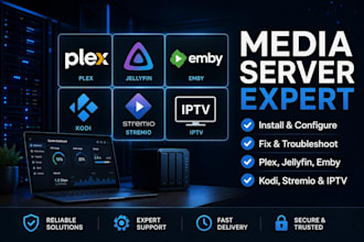 install, fix and configure plex, jellyfin, emby, kodi, stremio and iptv servers