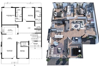 draw 2d plan layout, 2d floor plan render, 3d floor plan render using autocad