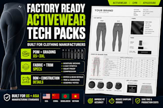 create activewear tech pack and flat sketch for fitness and athleisure brand