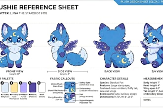 design a custom plushie reference sheet and stuffled animal toy tech pack