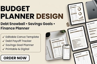 design budget planner, debt snowball tracker and savings goals planner