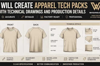create apparel tech packs with technical drawings and production details