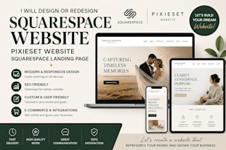 design or redesign squarespace website, pixieset website squarespace landingpage