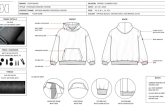create vintage oversized hoodie tech pack with fashion flats for manufacturing