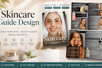 design canva skincare ebook, workbook wellness guide beauty planner