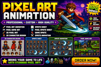 create pixel art animation, sprite sheet, and custom pixel game art