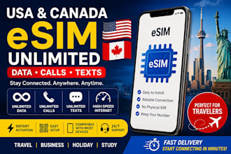 set up USA and canada unlimited esim instantly