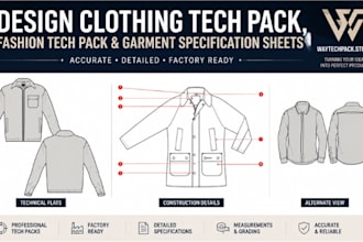 design clothing tech pack, fashion tech pack and garment specification sheets