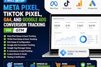 setup meta pixel, tik tok pixel, ga4, and google ads conversion tracking via GTM