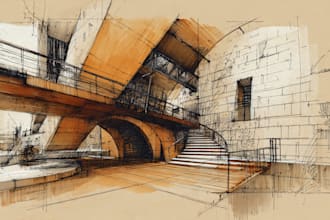 sketch architecture building with watercolor rendering