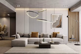 home decorating plan with 3d model, render for bedroom, living room, kitchen