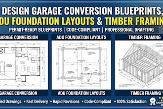 design garage conversion blueprints, adu foundation layouts, and timber framing