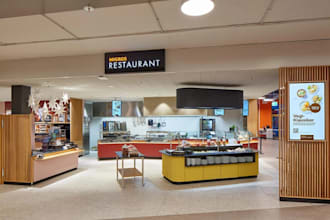 design 3d restaurant, shopping complex render, cafeteria, pizza shop exterior
