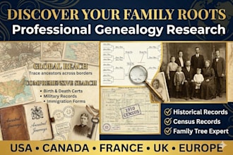 do genealogy research in UK, france, canada, quebec, and USA
