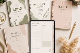 design adhd planner, budget journal, worksheet, habit tracker to sell on etsy