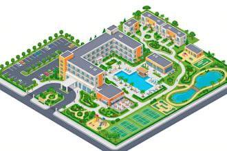 design 2d flat or isometric resort map, hotel map, tourist map, campground map