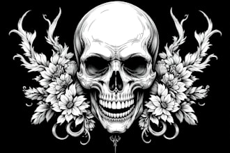 draw dark art, skull, horror, line art for tattoo design