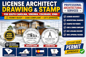 license architect drawing and stamp for south carolina, virginia, colorado, iowa