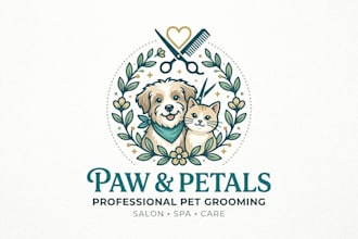 design a professional pet grooming logo for pet salons, grooming services