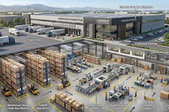 design 3d warehouse factory, space planning, logistics design, storage space