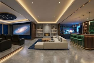 3d basement, home theater, bar, gaming area design
