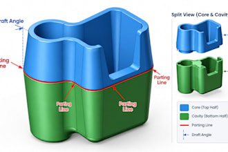 split plastic parts for injection molding with core, cavity parting line design