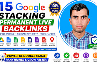 build 15 google stacking permanent backlinks for website SEO