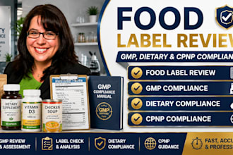 review food product labels, gmp compliance, dietary and cpnp compliance