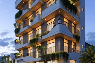 render 3dcgi apartment exterior,house elevation visualization,architectural plan