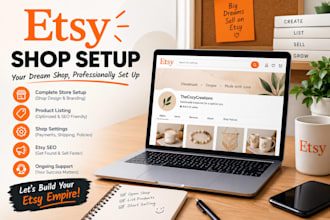 setup etsy shop and list products with custom mockups and seo