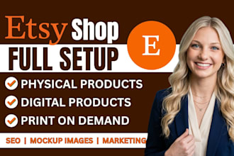 setup etsy shop and list products with custom mockups and seo