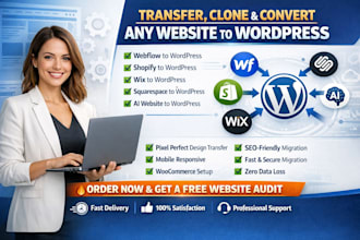 transfer clone convert webflow shopify squarespace wix ai website to wordpress