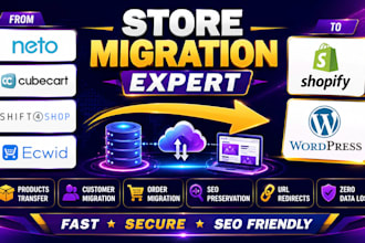 migrate neto, cubecart, shift4shop, ecwid to shopify and wordpress with SEO