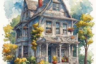 paint a watercolor house portrait or city space illustration
