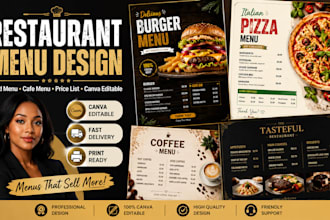 design restaurant menu, food flyer, cafe menu and canva editable menu