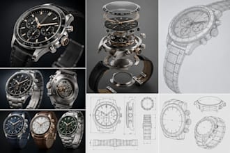 create 3d watch model, cad cam product design, rendering and technical draw