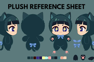 design a plush reference sheet for plush toy, stuffed animal, mascot, doll