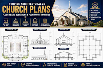 provide architectural 2d church floor plans, elevations and foundation drawings