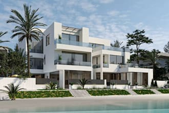 remodel3d beach villa exterior, coastal townhouse render,seaside house, cgi pool