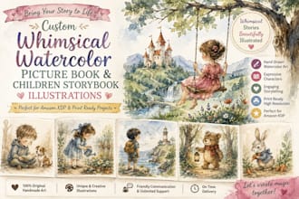 create custom watercolor children storybook, whimsical picture book illustration