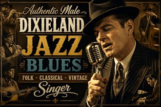 sing authentic male dixieland,jazz, blues, folk classical, vintage singer