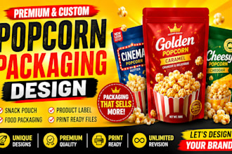 design premium popcorn packaging, snack pouch, food label and product packaging