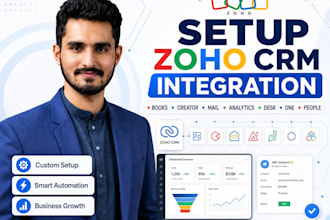 setup zoho CRM integration, books, creator, mail, analytics, desk, one, people