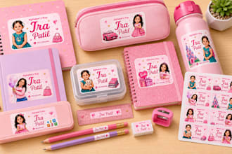 design custom kids name label stickers for school supplies
