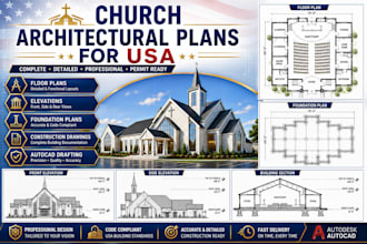 draw church architectural floor plans, foundation and elevation details for USA