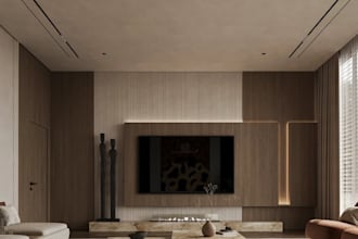 redesign japandi living room interior, TV wall console, luxury lounge, 3d render