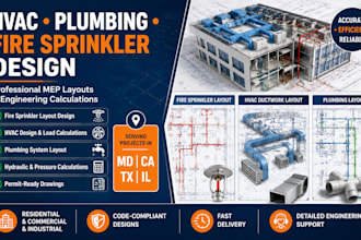 design protection sprinkler, plumbing layout, hvac, calculations in MD ca tx il